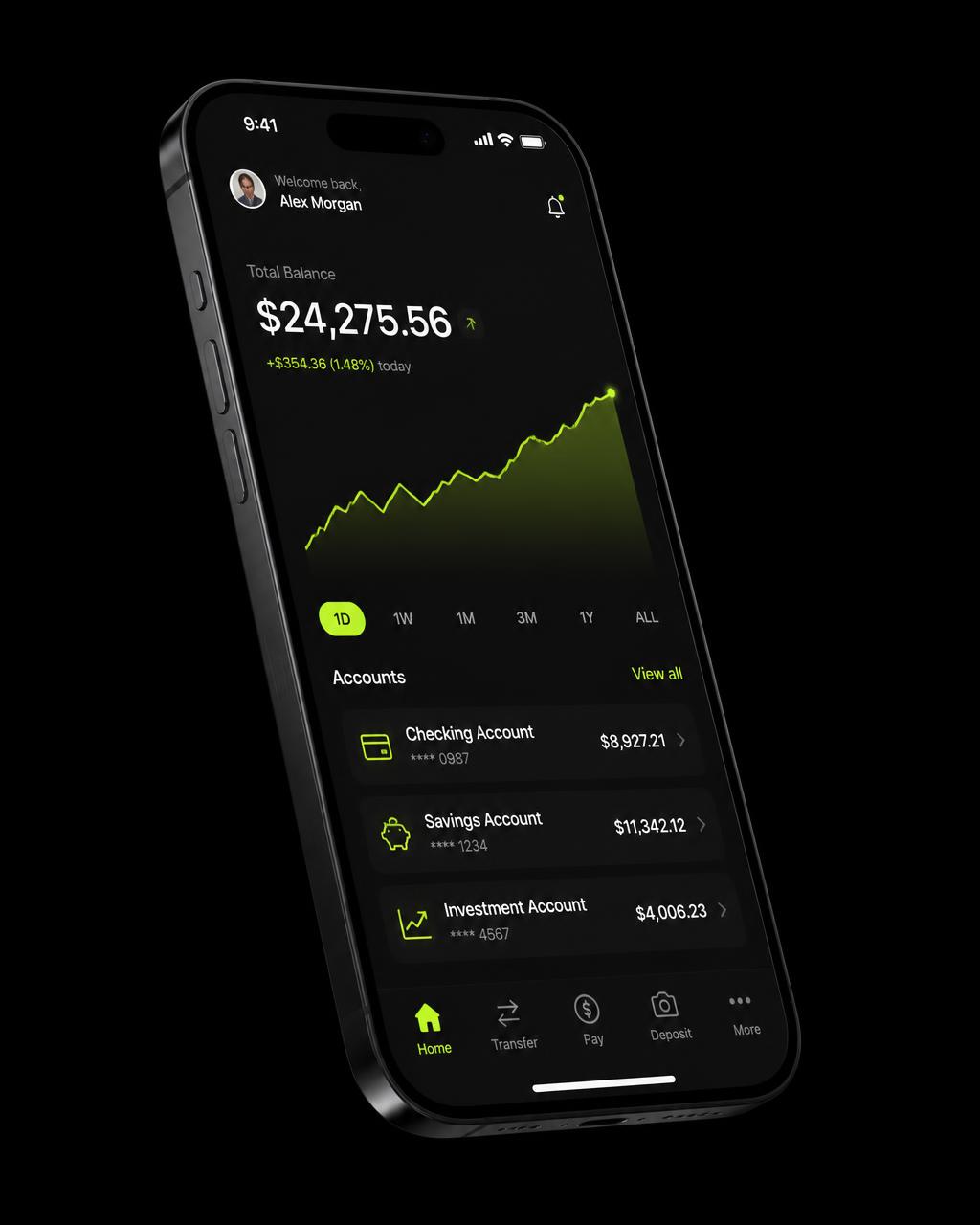 Lumina banking app showing a balance growing in real time